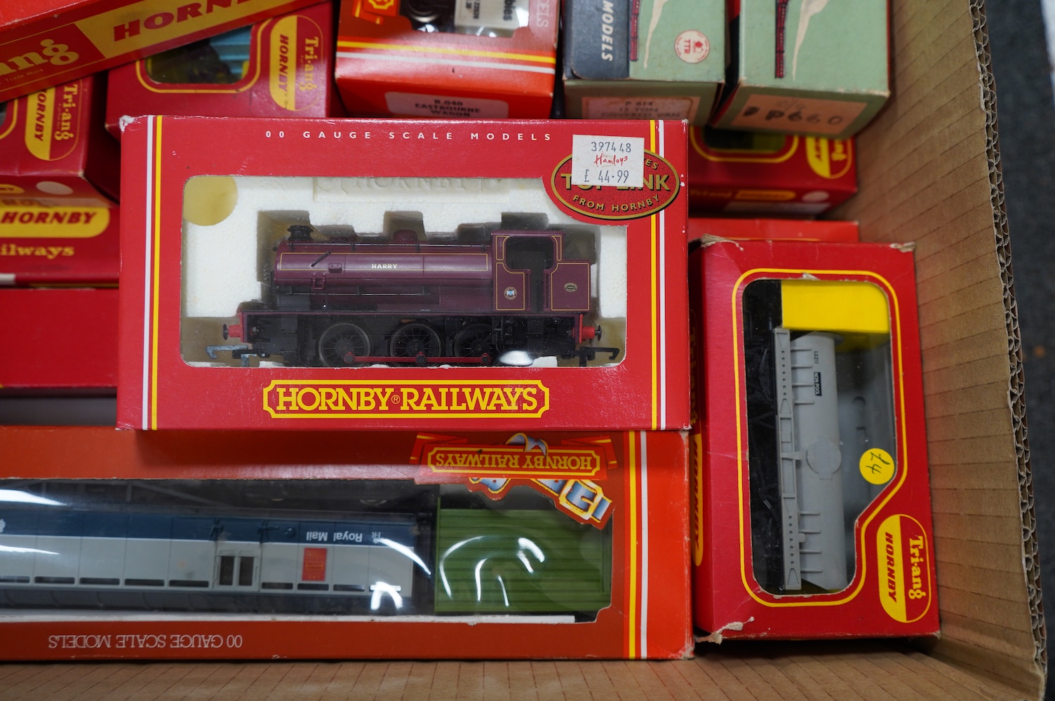 A collection of boxed 00 gauge railway, mainly by Tri-ang Hornby, including six locomotives (one unboxed), together with twenty-five freight wagons. Condition - good.